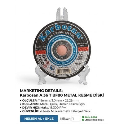 Karbosan Metal Kesme Diski 115 x 3.0 x 22.23 mm (A 36 T BF80)