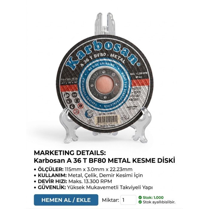 Karbosan Metal Kesme Diski 115 x 3.0 x 22.23 mm (A 36 T BF80)