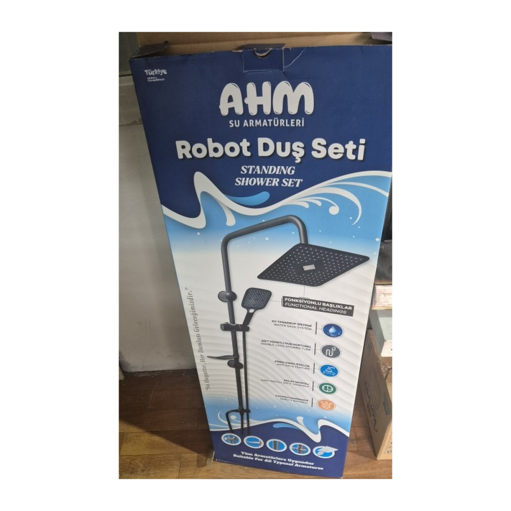 AHM Robot Duş Seti Siyah Kare Başlıklı | Su Tasarruflu