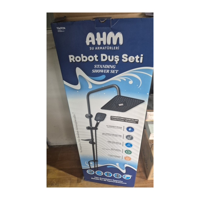 AHM Robot Duş Seti Siyah Kare Başlıklı | Su Tasarruflu